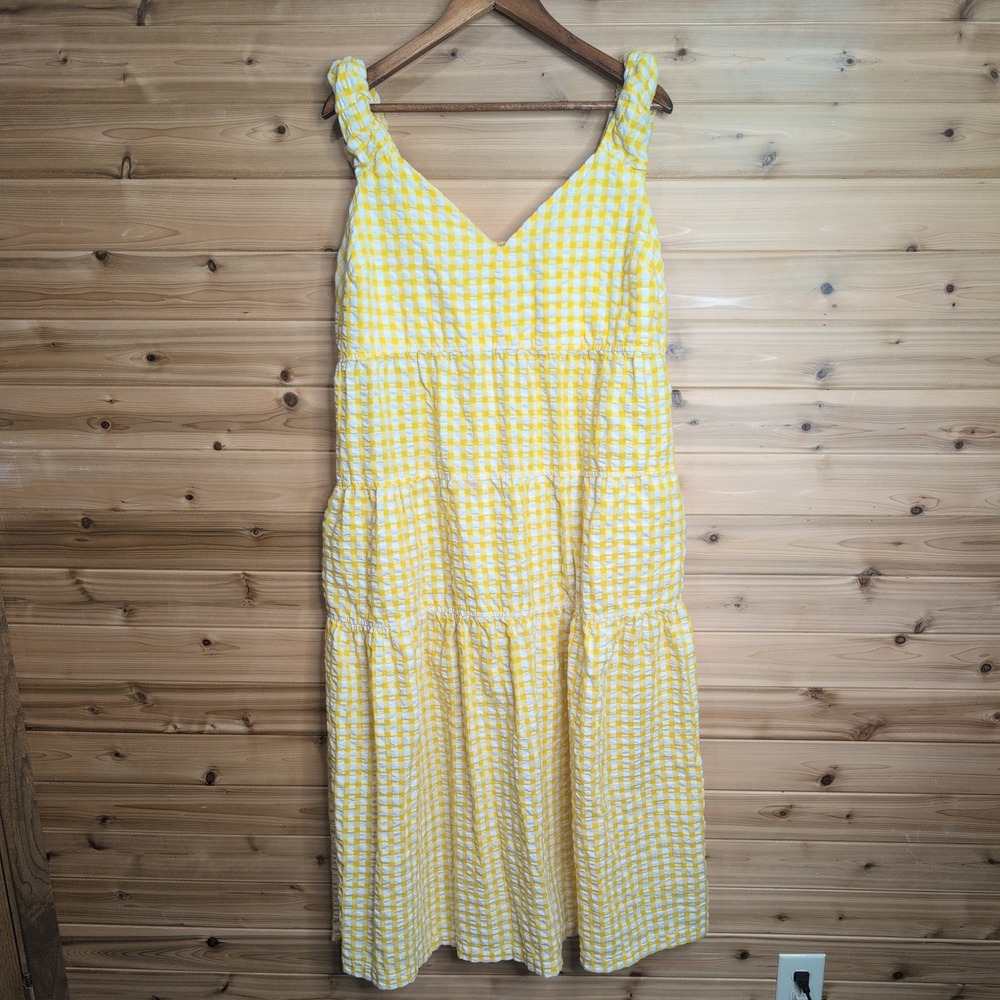 Old Navy Yellow Gingham Tiered Midi Dress XL Ruffle Strap Smocked Back Pocket